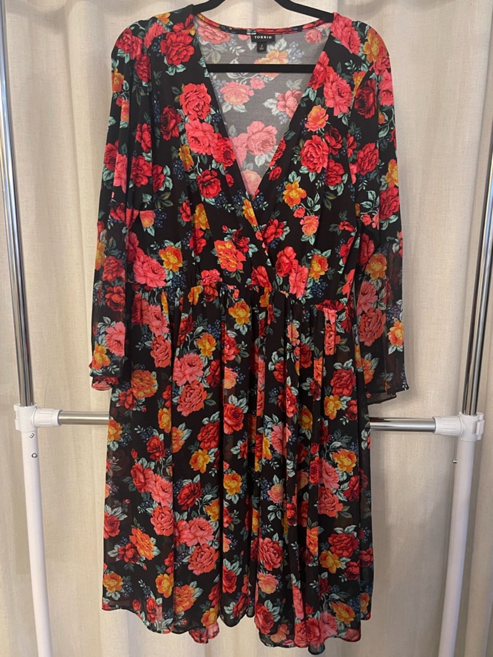 torrid Black Floral Wrap Dress with Red & Yellow Roses